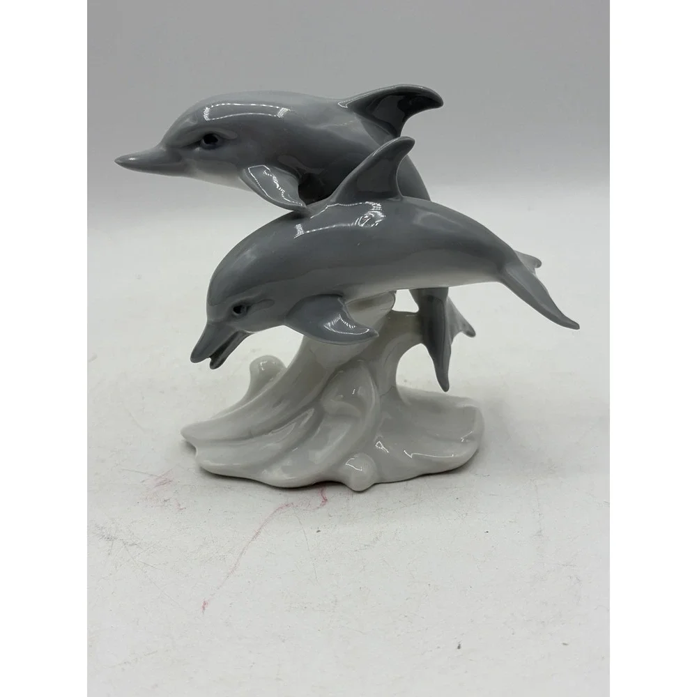 Vintage OMC Japan Porcelain Dolphin Figurine Pair Leaping Dolphins Ocean Statue